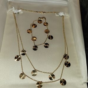 14K Yellow Italian Gold Double Strand Disc Chain Necklace and Bracelet Set 16.5"